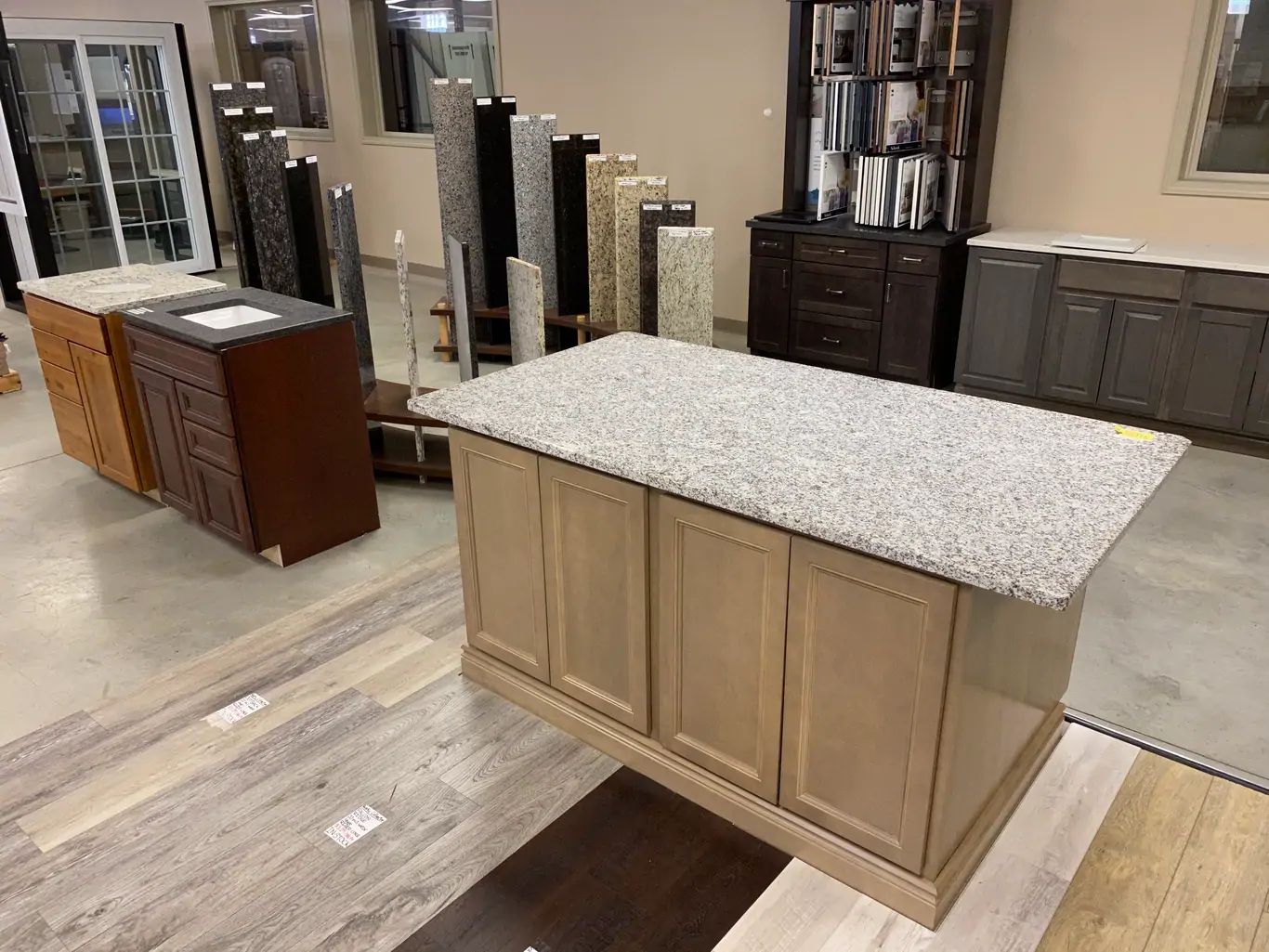 Wholesale laminate countertop display in warehouse showroom