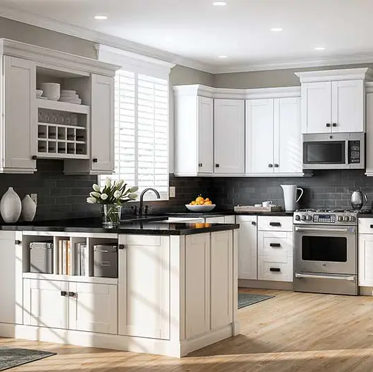 Kitchen cabinetry stock white and wood stain